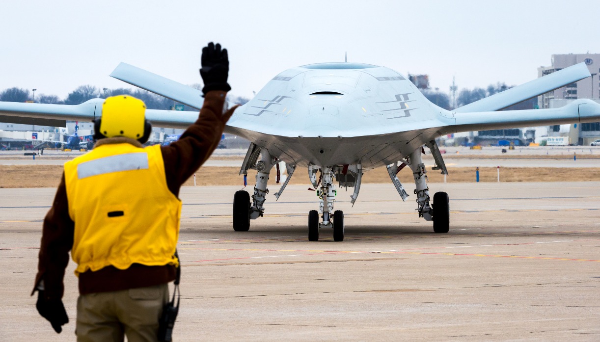 Boeing MQ-25A Stingray carrier-based aerial refuelling drone in flight